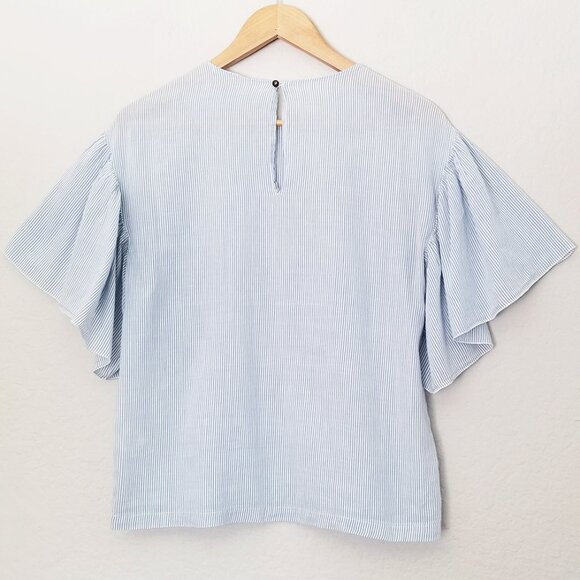 Pomandere Flutter Sleeve Top Blue Stripe 2 Cotton Hemp Blend Airy Lightweight - Picture 8 of 16